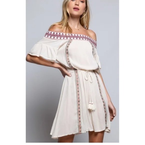 POL Off-Shoulder Cream Mini Dress with Red Accents - Picture 2 of 5